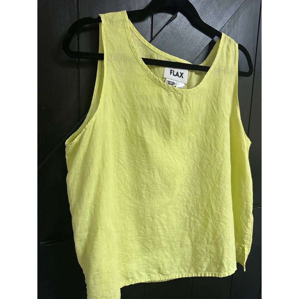 Flax Linen Tank Top Chartreuse Yellow Green Sleeveless Boxy Scoop Neck Medium - Picture 5 of 6
